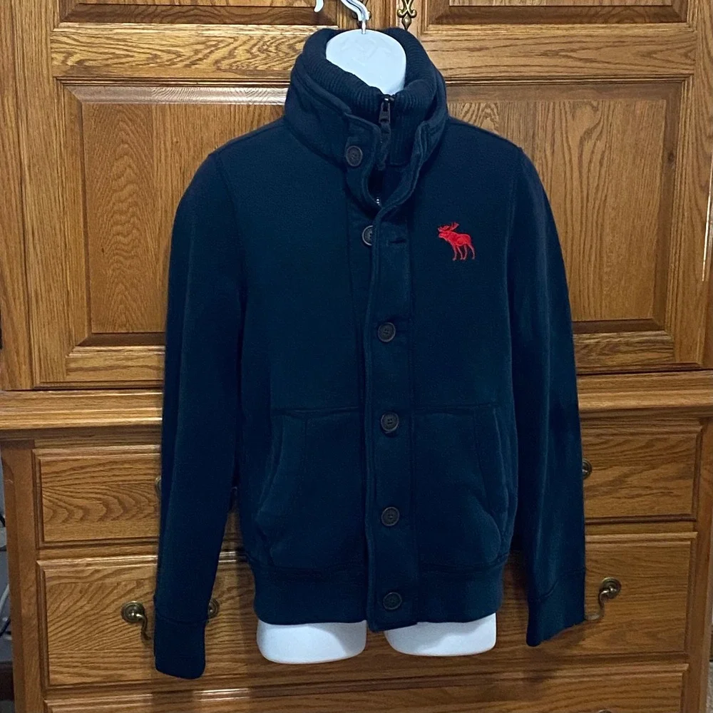 VTG Abercrombie & Fitch Jacket Mens M Navy Blue Red Fleece Lined Mock Neck Moose